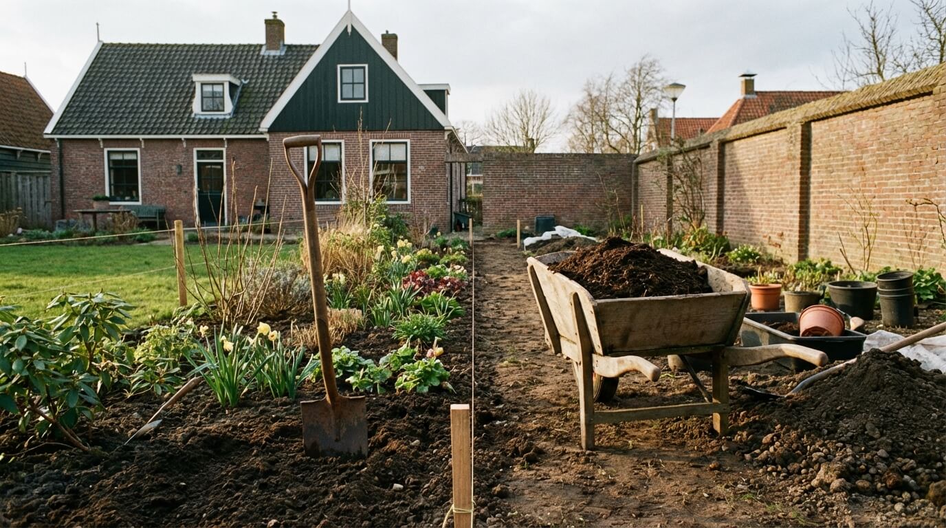 Hovenier aan het werk in een groene tuin